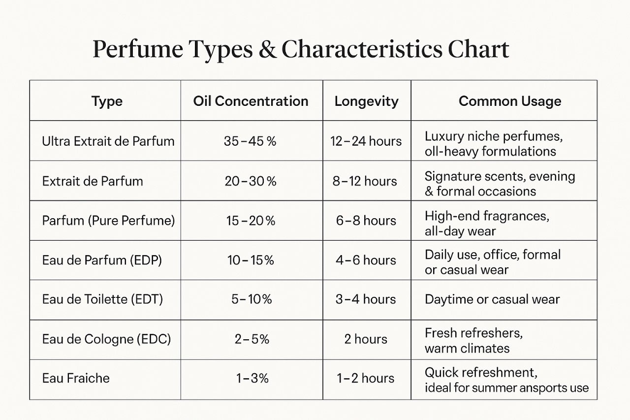 Perfume Types & Characteristics Chart showing oil concentration, longevity, and usage for different perfume types
